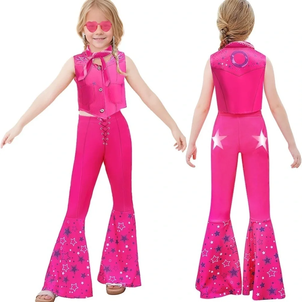 Barbie Movie western costume margot robie girls set flare pants vest top cowgirl
